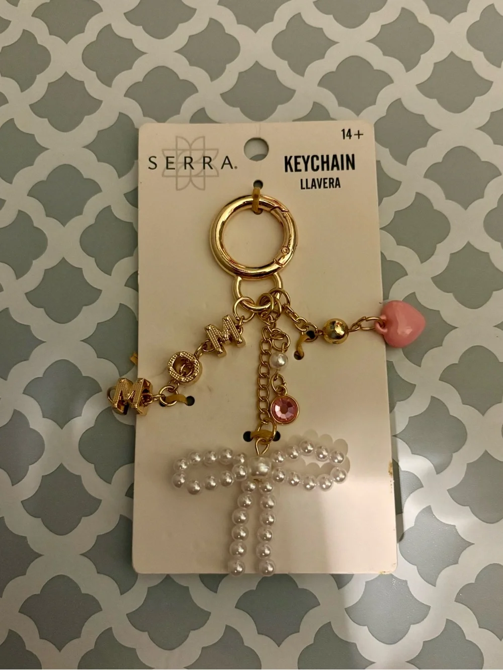 Serra Gold-Tone MOM Keychain with Pearl Bow and Pink Bead
